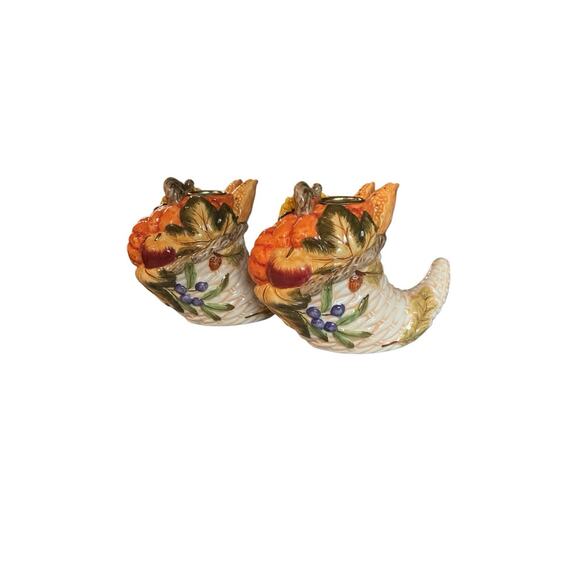 2 Cornucopia Horn Of Plenty Fall Harvest Thanksgiving Candle Holders Bella Casa - Picture 1 of 9